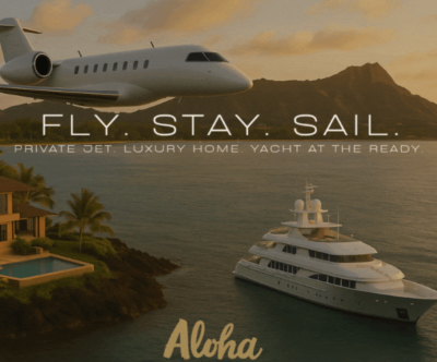 Luxury travel poster with a yacht and “Fly, Stay, Sail” text over tropical scenery